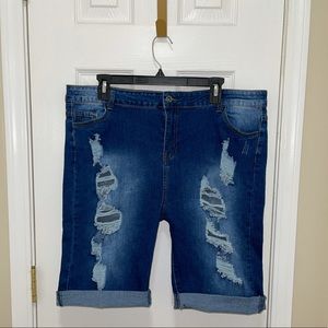 Distressed Stretchy Dark Blue Jean Bermuda Shorts